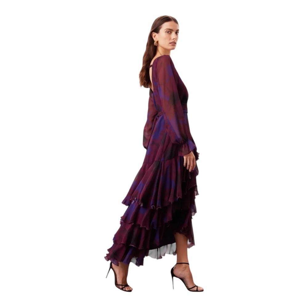 Hutch Plum and Navy High-Low Ruffled Maxi Dress